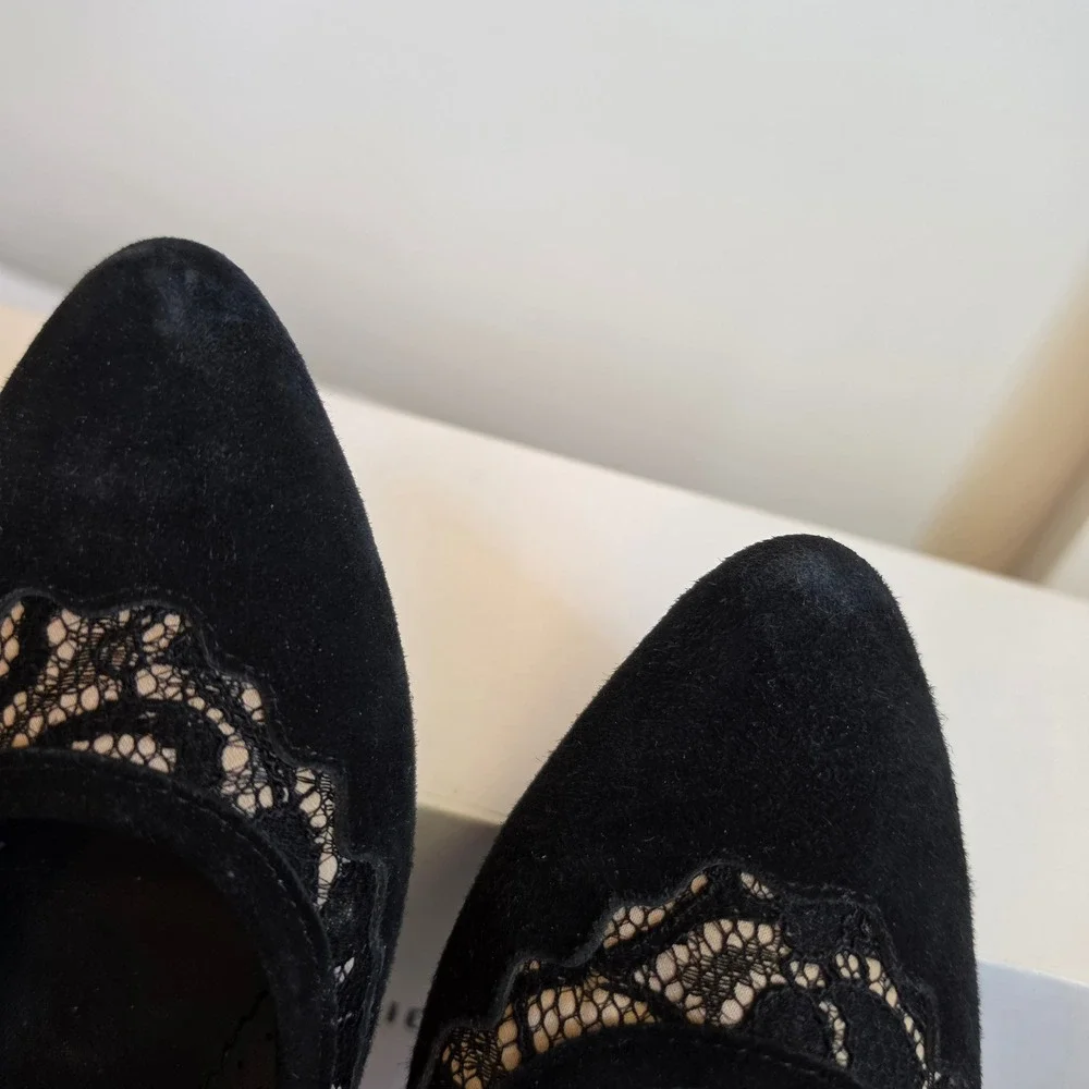 Chicos Black Suede Lace Scalloped Pointed Toe Flats Shoes Womens Size 7.5 M